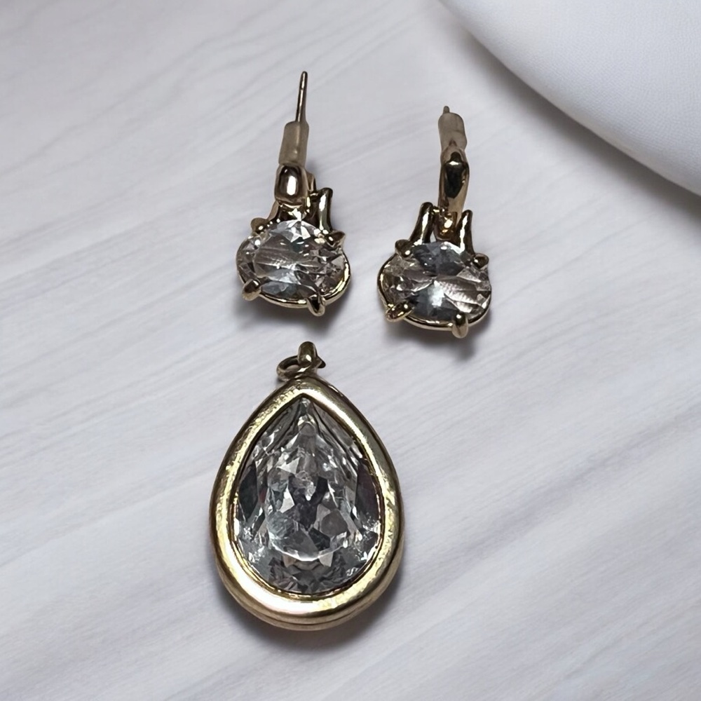 Swarovski Crystal Rhinestone Earrings and Pear CZ Shaped Pendant Gold Plated - Picture 9 of 11